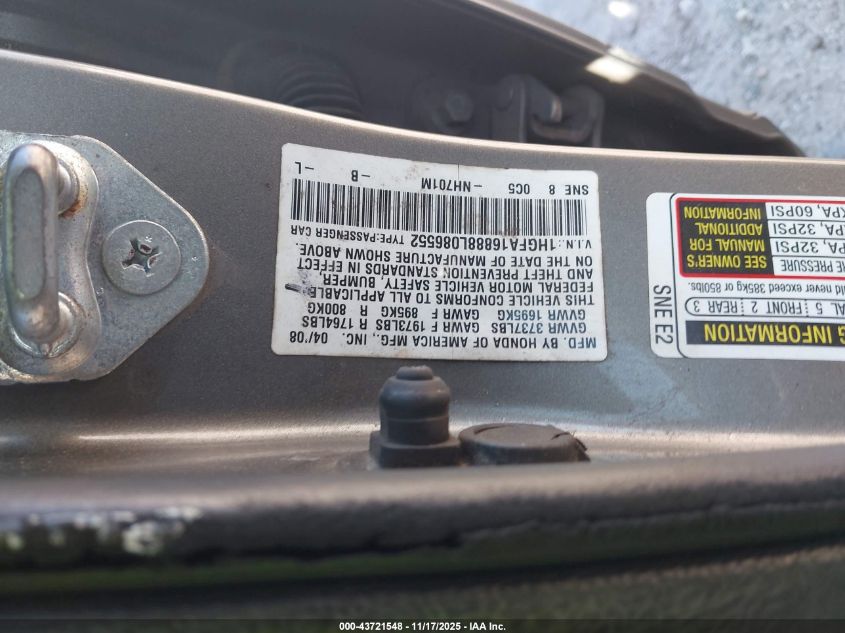 2008 Honda Civic Ex VIN: 1HGFA16888L086552 Lot: 43721548