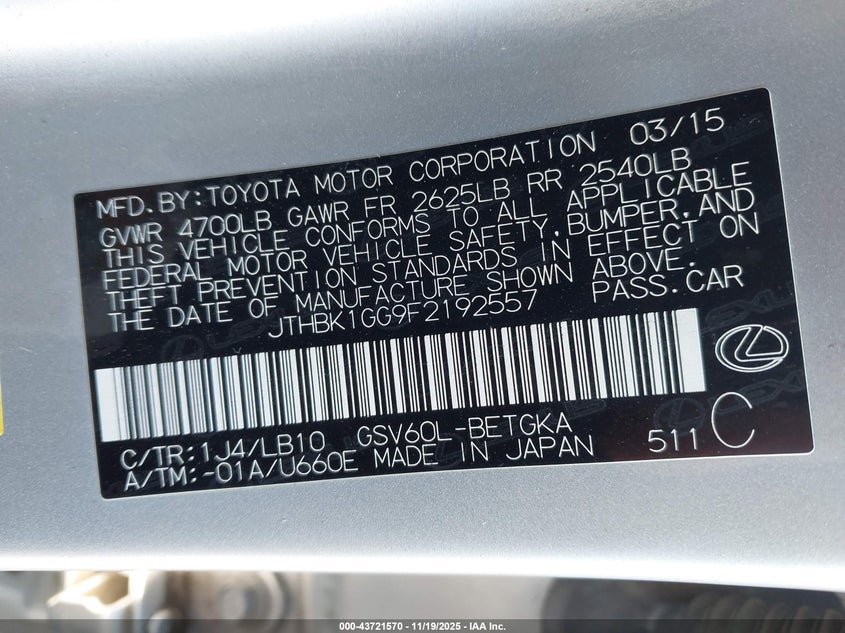 JTHBK1GG9F2192557 2015 LEXUS ES photo no. 9