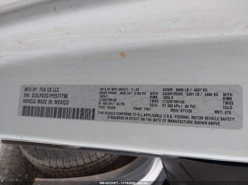 2023 Ram Promaster 2500 High Roof 159 Wb VIN: 3C6LRVDG1PE577796 Lot: 43721577