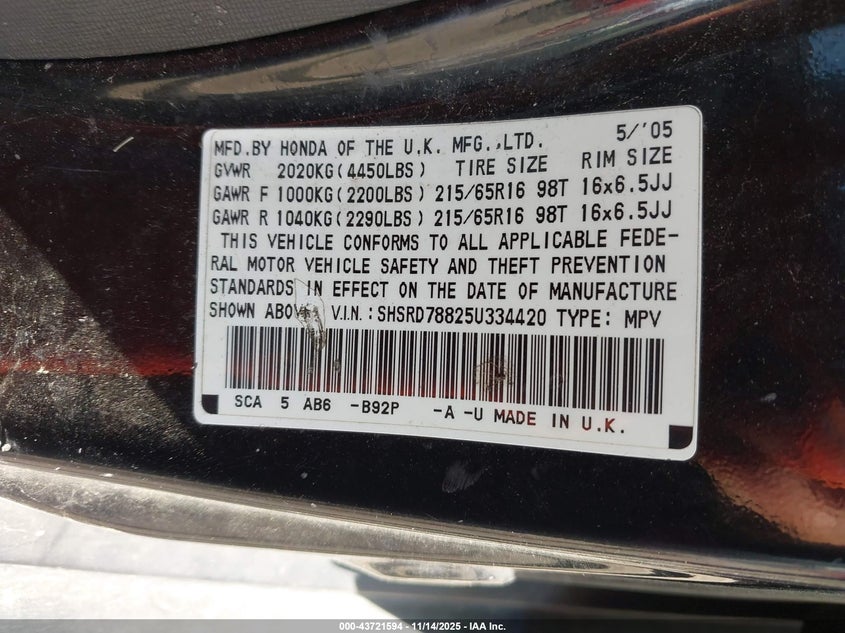 2005 Honda Cr-V Ex VIN: SHSRD78825U334420 Lot: 43721594