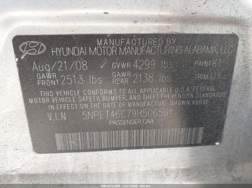 2009 Hyundai Sonata Gls VIN: 5NPET46C79H506561 Lot: 43721595