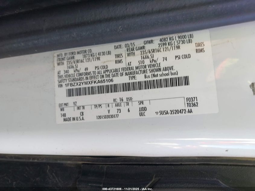 2015 Ford Transit-350 Xlt VIN: 1FBZX2YMXFKA65106 Lot: 43721606