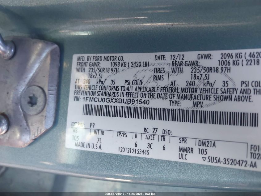 2013 Ford Escape Se VIN: 1FMCU0GXXDUB91540 Lot: 43721617