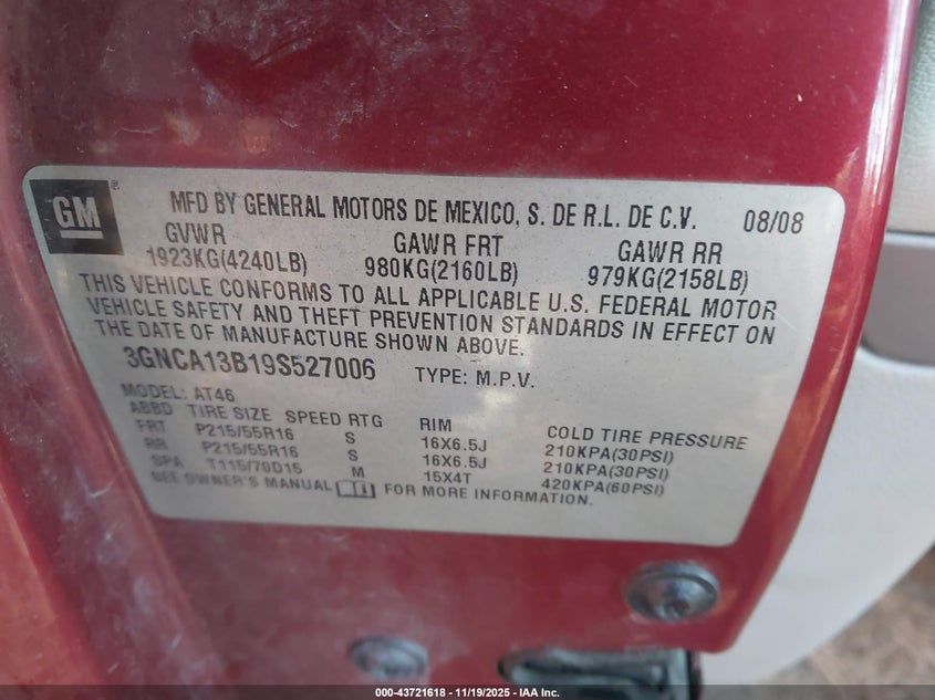 2009 Chevrolet Hhr Ls VIN: 3GNCA13B19S527006 Lot: 43721618