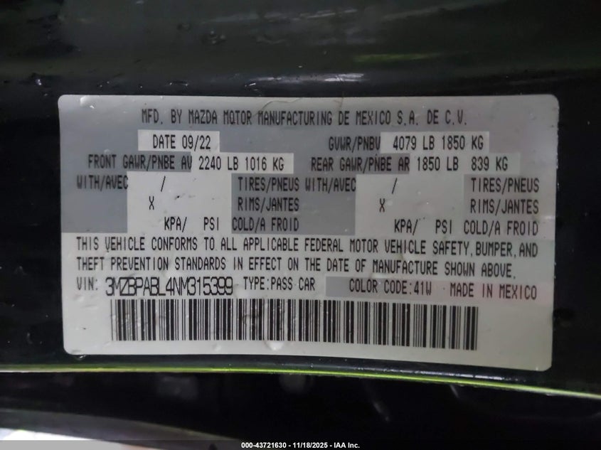2022 Mazda Mazda3 Select VIN: 3MZBPABL4NM315399 Lot: 43721630