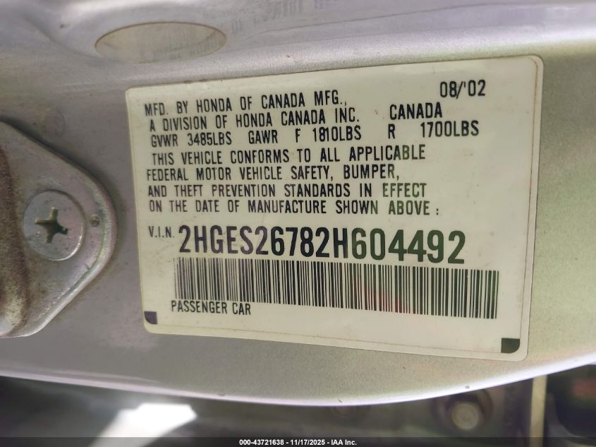 2002 Honda Civic Ex VIN: 2HGES26782H604492 Lot: 43721638