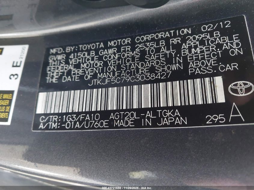 2012 Scion Tc VIN: JTKJF5C79C3038427 Lot: 43721656