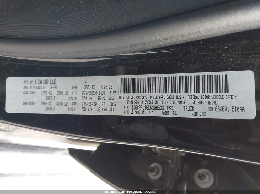 2020 Ram 1500 Laramie 4X4 5'7 Box VIN: 1C6SRFJT0LN308536 Lot: 43721668