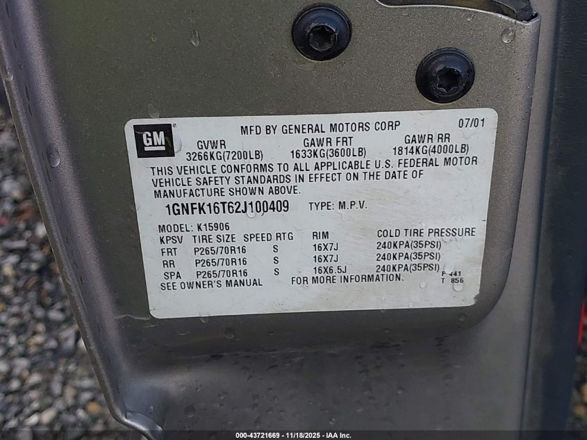 2002 Chevrolet Suburban 1500 Ls VIN: 1GNFK16T62J100409 Lot: 43721669