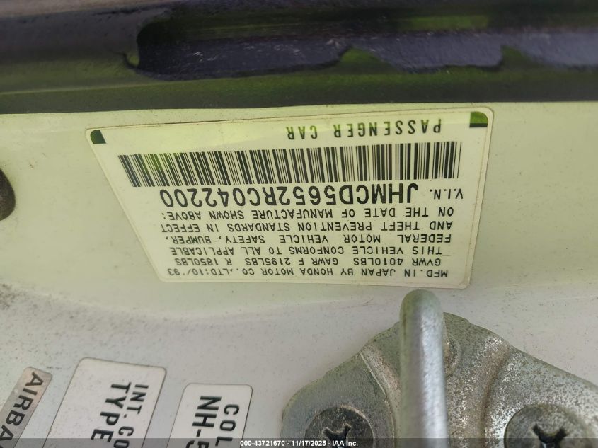 1994 Honda Accord Ex VIN: JHMCD5652RC042200 Lot: 43721670