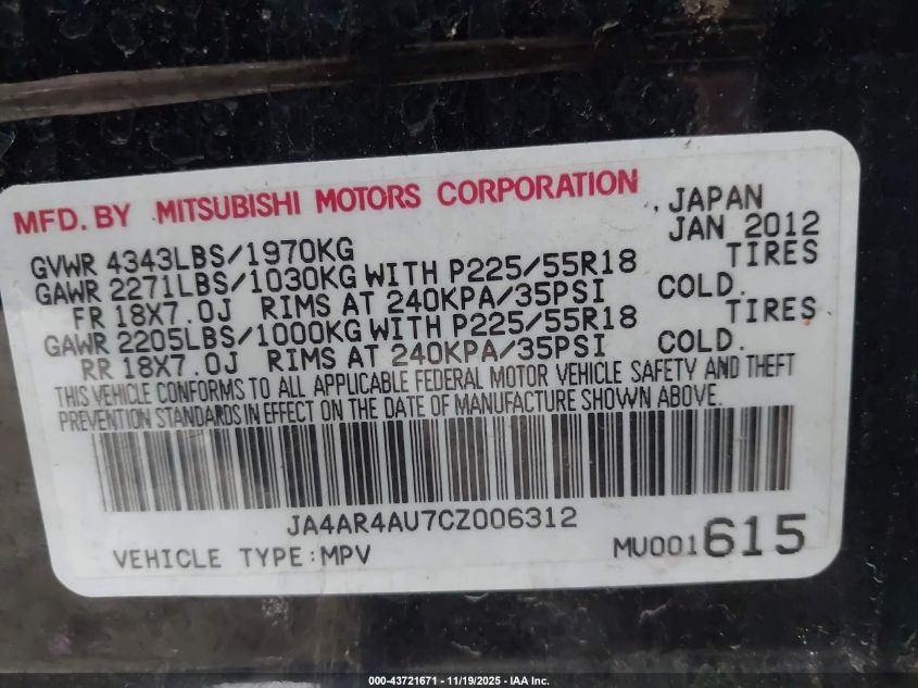 2012 Mitsubishi Outlander Sport Se VIN: JA4AR4AU7CZ006312 Lot: 43721671