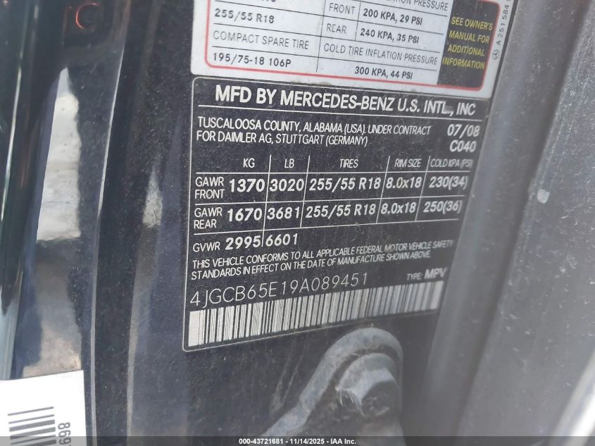 2009 Mercedes-Benz R 350 4Matic VIN: 4JGCB65E19A089451 Lot: 43721681