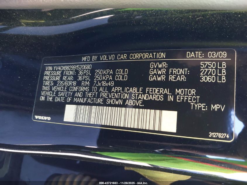 2009 Volvo Xc90 3.2/3.2 R-Design VIN: YV4CN982991520680 Lot: 43721683
