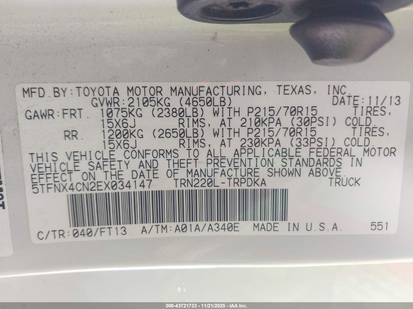 2014 Toyota Tacoma VIN: 5TFNX4CN2EX034147 Lot: 43721733