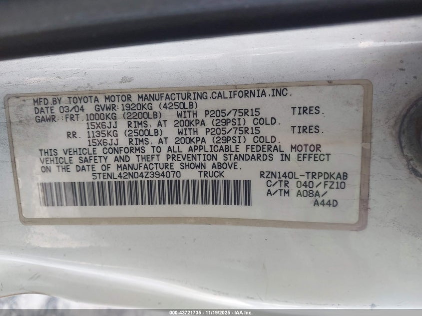 5TENL42N04Z394070 2004 TOYOTA TACOMA photo no. 9