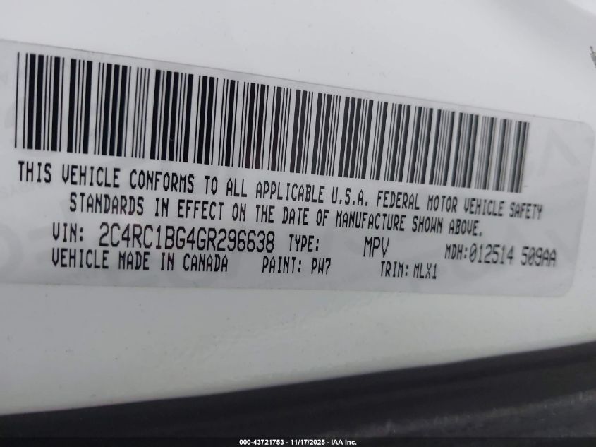 2016 Chrysler Town & Country Touring VIN: 2C4RC1BG4GR296638 Lot: 43721753