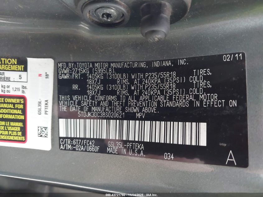 2011 Toyota Sienna Le VIN: 5TDJK3DC3BS020621 Lot: 43721760