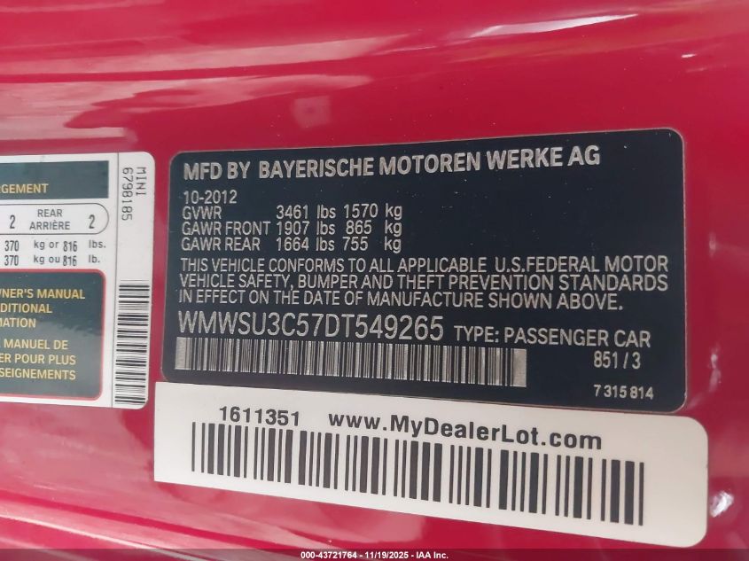 2013 Mini Hardtop Cooper VIN: WMWSU3C57DT549265 Lot: 43721764