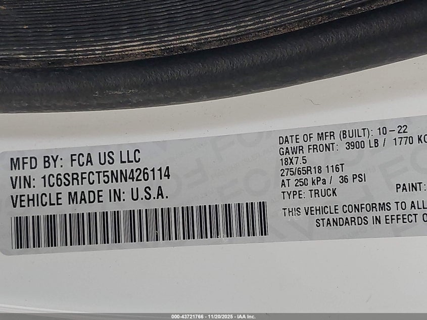 2022 Ram 1500 Tradesman 4X4 6'4 Box VIN: 1C6SRFCT5NN426114 Lot: 43721766