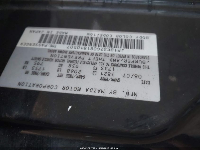 2008 Mazda Mazda3 I VIN: JM1BK32G081810507 Lot: 43721767