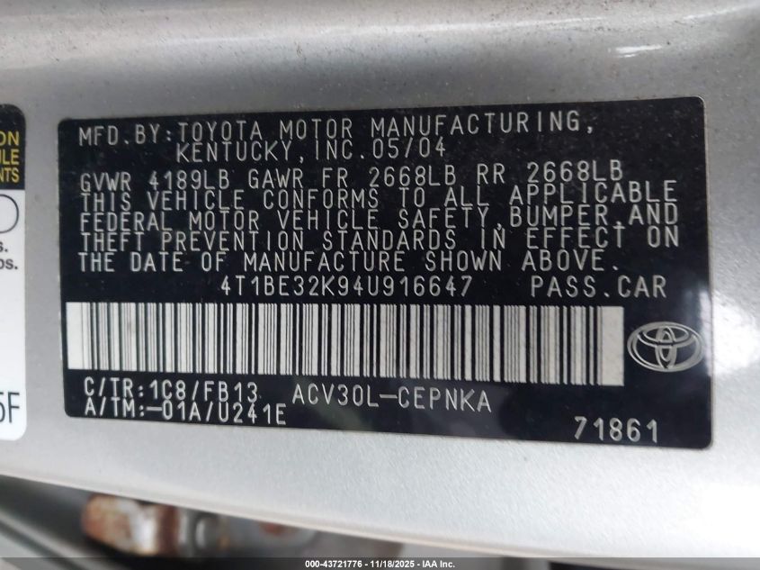 2004 Toyota Camry Le VIN: 4T1BE32K94U916647 Lot: 43721776