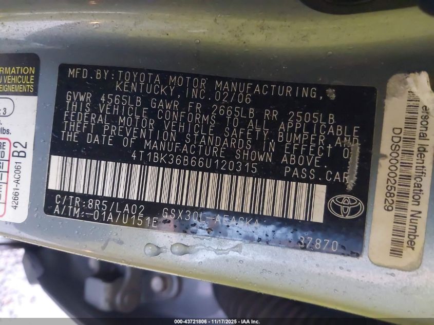 2006 Toyota Avalon Xls VIN: 4T1BK36B66U120315 Lot: 43721806