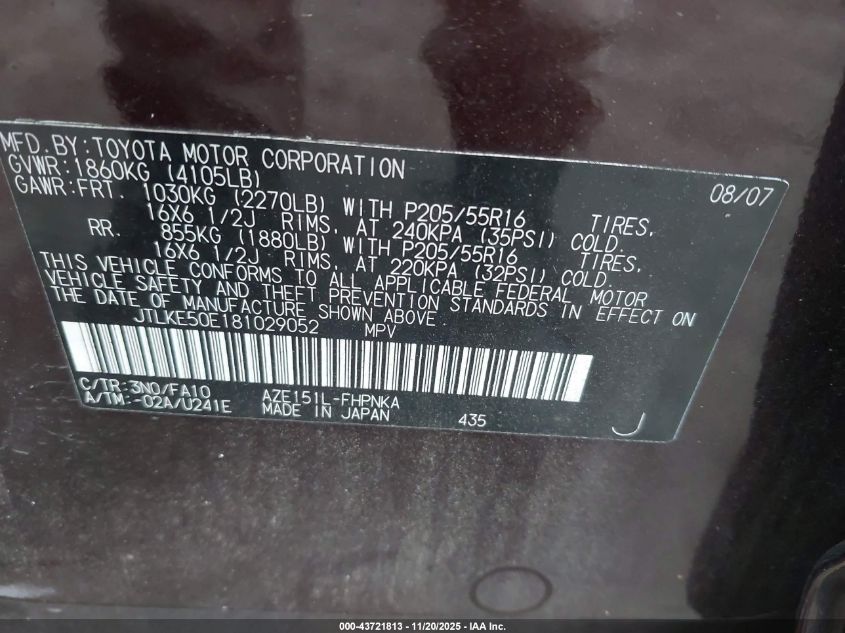 2008 Scion Xb VIN: JTLKE50E181029052 Lot: 43721813