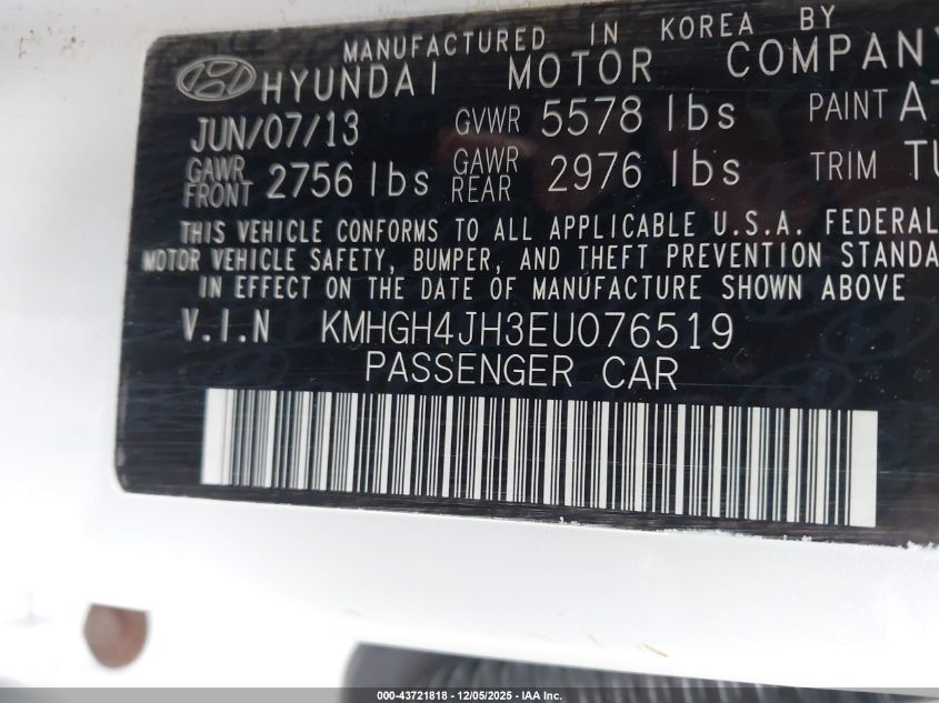 2014 Hyundai Equus Signature VIN: KMHGH4JH3EU076519 Lot: 43721818