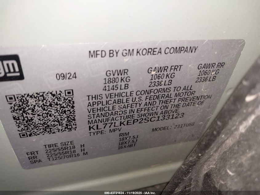 2025 Chevrolet Trax Fwd Activ VIN: KL77LKEP2SC133123 Lot: 43721824