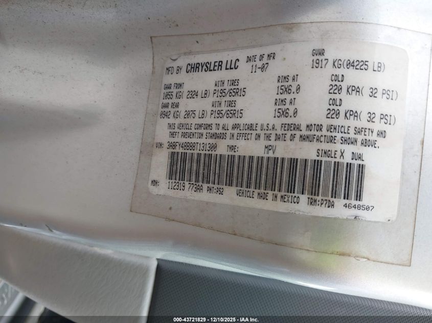 2008 Chrysler Pt Cruiser Lx VIN: 3A8FY48B88T131300 Lot: 43721829