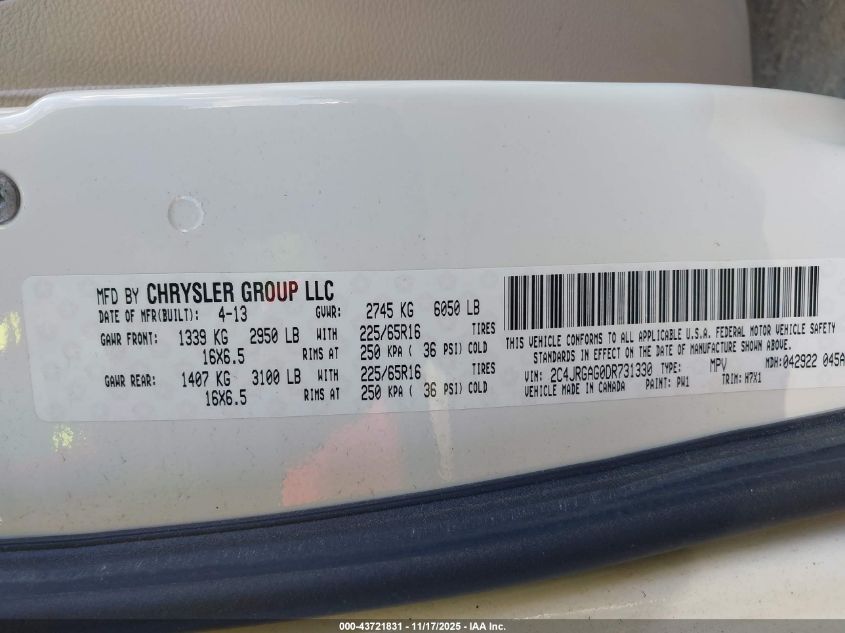 2013 Ram Cargo Tradesman VIN: 2C4JRGAG0DR731330 Lot: 43721831