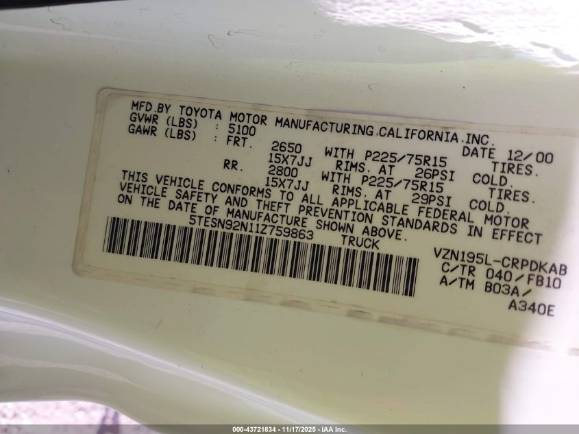 2001 Toyota Tacoma Prerunner V6 VIN: 5TESN92N11Z759863 Lot: 43721834