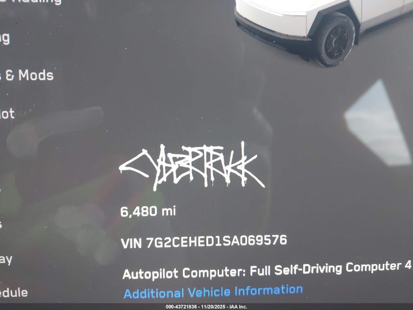 2025 Tesla Cybertruck All-Wheel Drive VIN: 7G2CEHED1SA069576 Lot: 43721836