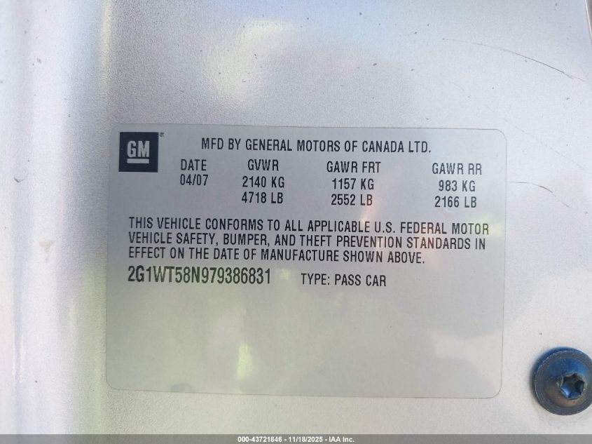 2007 Chevrolet Impala Lt VIN: 2G1WT58N979386831 Lot: 43721846