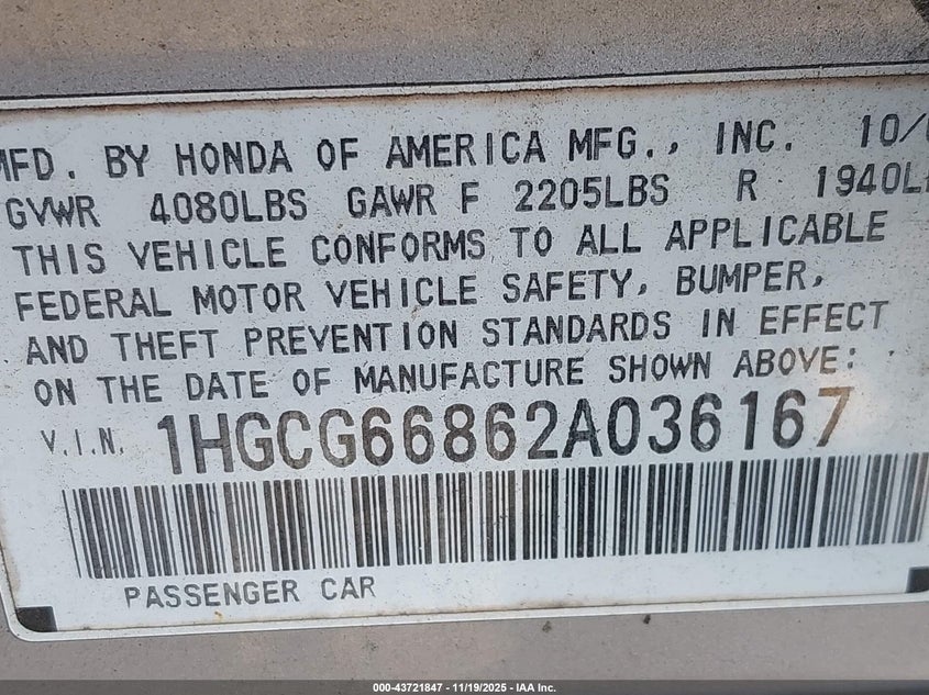 1HGCG66862A036167 2002 HONDA ACCORD photo no. 9