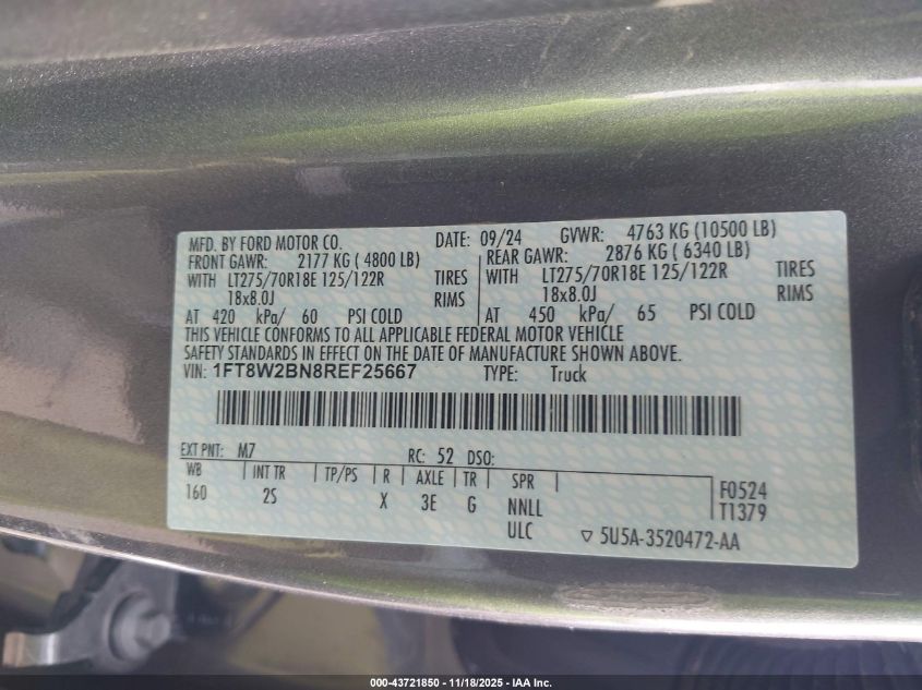 2024 Ford F-250 Xlt VIN: 1FT8W2BN8REF25667 Lot: 43721850