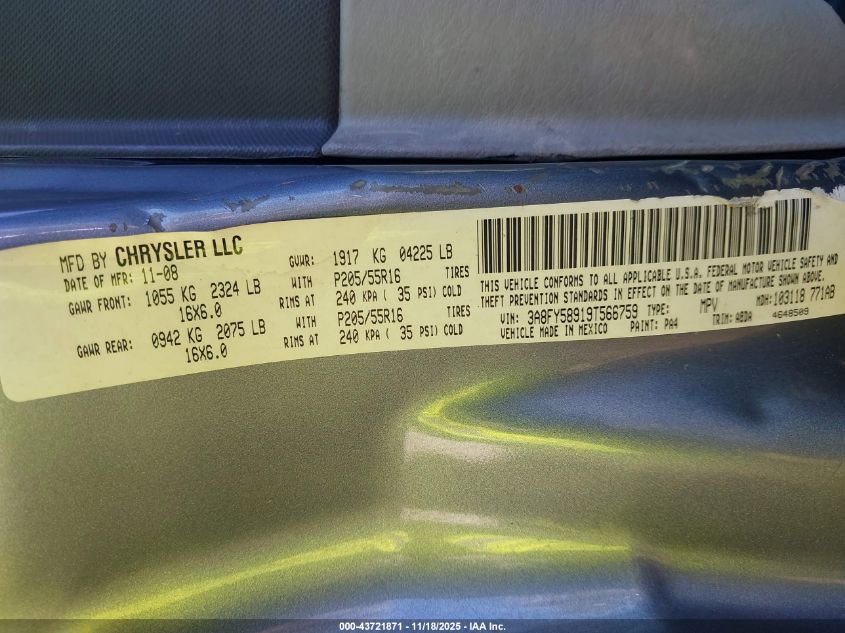 2009 Chrysler Pt Cruiser Touring VIN: 3A8FY58919T566759 Lot: 43721871