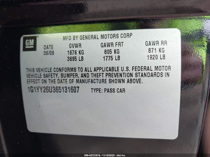 2006 Chevrolet Corvette VIN: 1G1YY26U365131607 Lot: 43721874