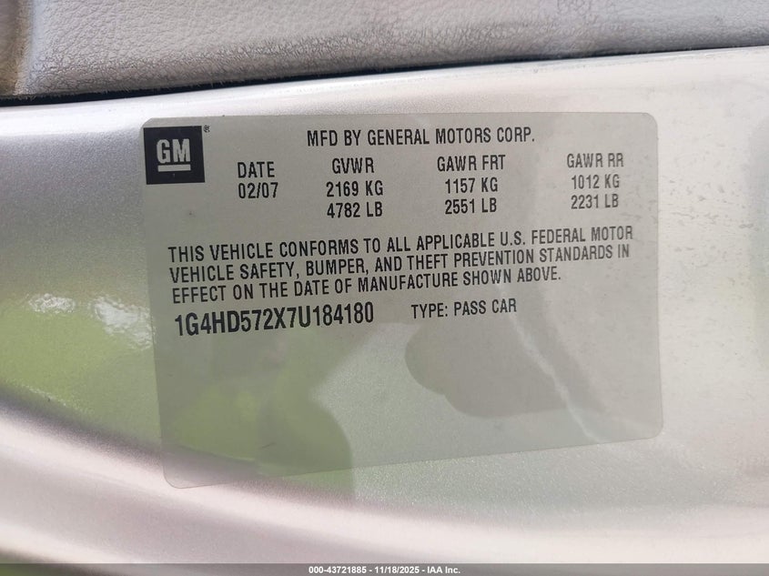 2007 Buick Lucerne Cxl VIN: 1G4HD572X7U184180 Lot: 43721885