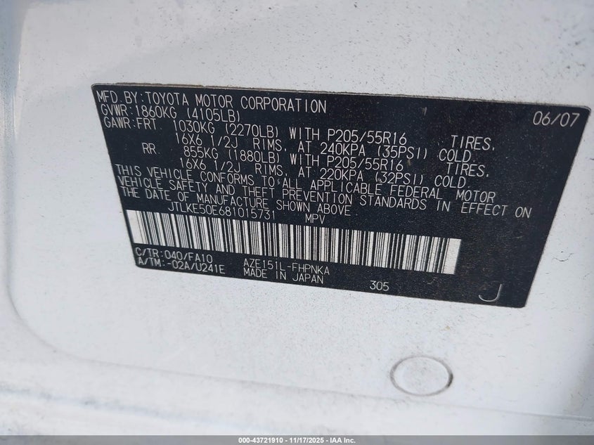 2008 Scion Xb VIN: JTLKE50E681015731 Lot: 43721910