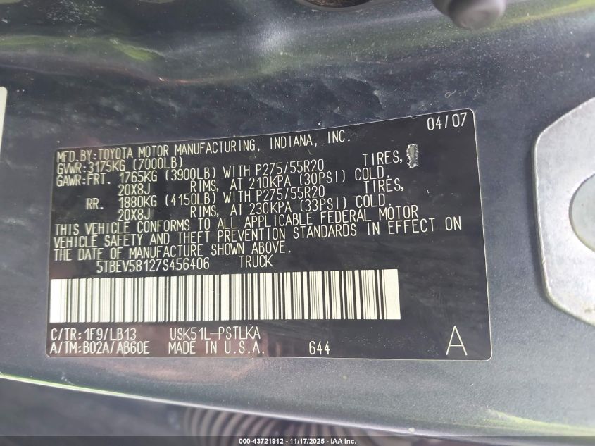 2007 Toyota Tundra Limited 5.7L V8 VIN: 5TBEV58127S456406 Lot: 43721912