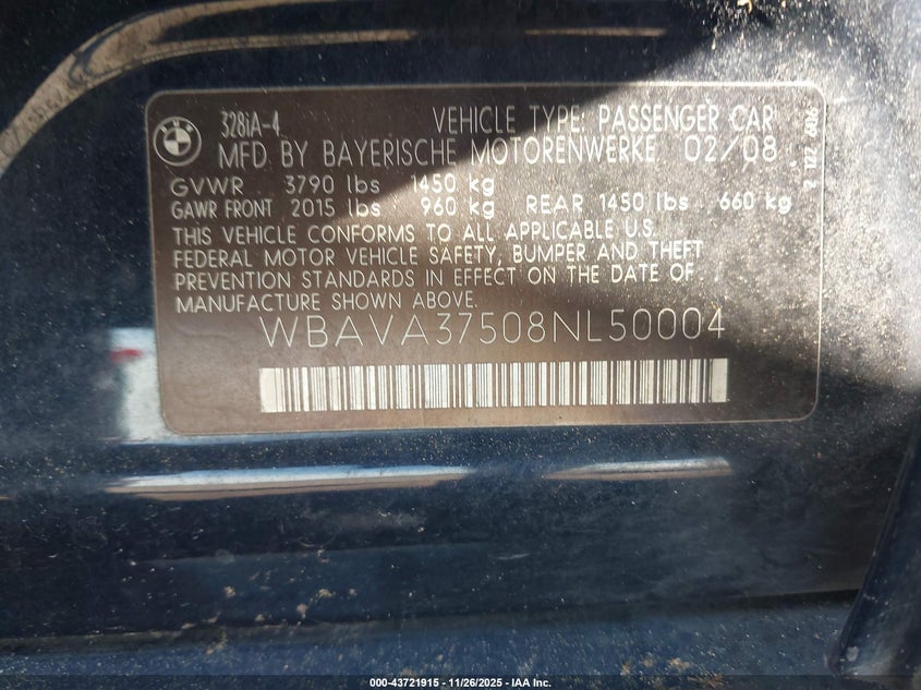 2008 BMW 328I VIN: WBAVA37508NL50004 Lot: 43721915