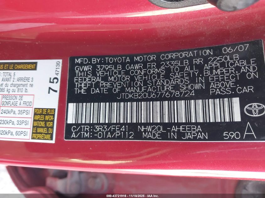 2007 Toyota Prius VIN: JTDKB20U677678724 Lot: 43721916