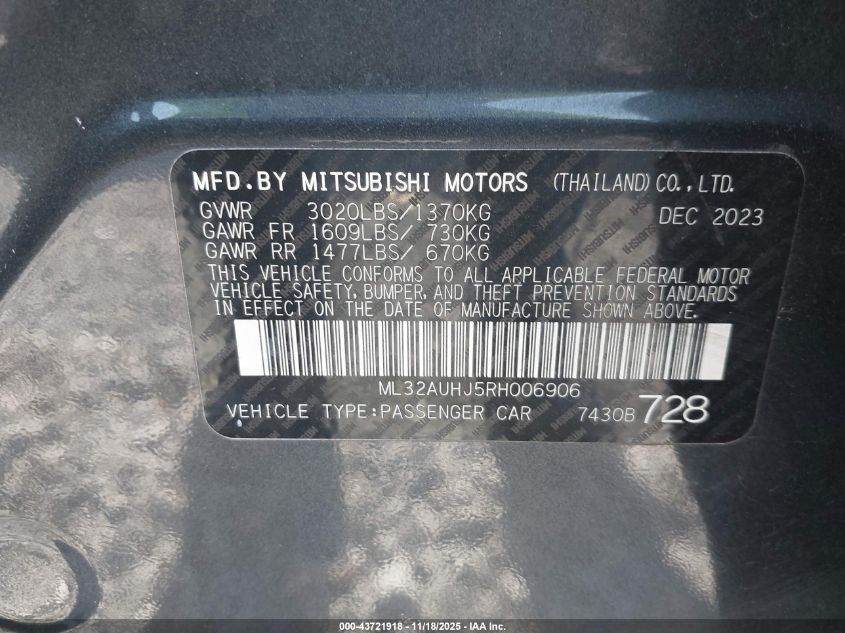 2024 Mitsubishi Mirage Es/Le VIN: ML32AUHJ5RH006906 Lot: 43721918