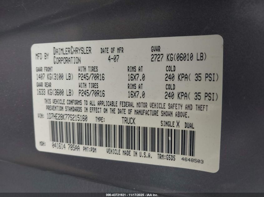 2007 Dodge Dakota St VIN: 1D7HE28K77S215160 Lot: 43721921