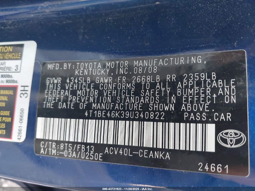 2009 Toyota Camry Le VIN: 4T1BE46K39U340822 Lot: 43721923