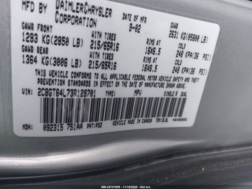 2003 Chrysler Town & Country Limited VIN: 2C8GT64L73R129701 Lot: 43721929