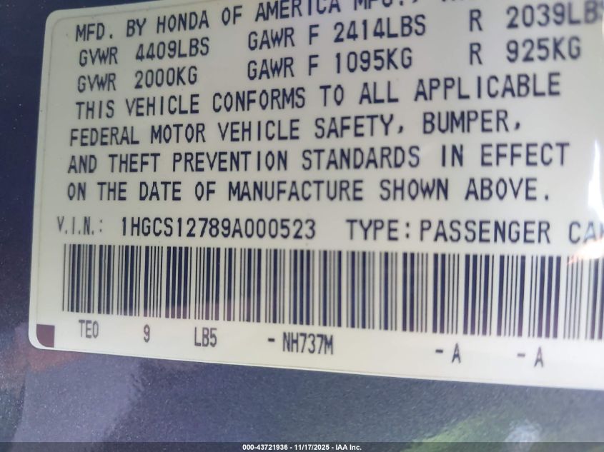 2009 Honda Accord 2.4 Ex VIN: 1HGCS12789A000523 Lot: 43721936