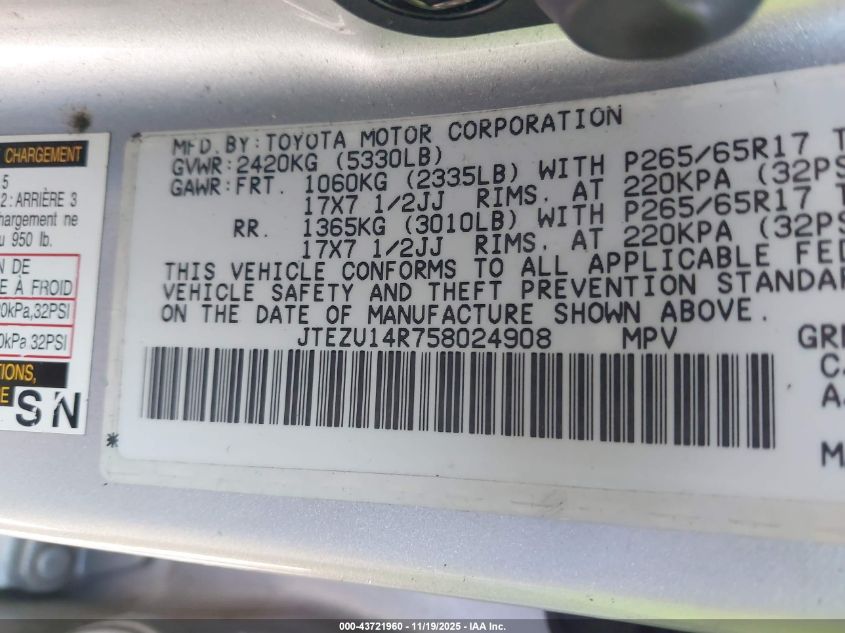 2005 Toyota 4Runner Sr5 Sport V6/Sr5 V6 VIN: JTEZU14R758024908 Lot: 43721960