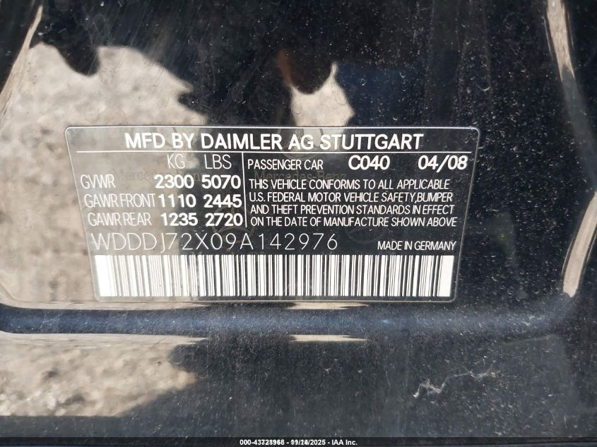 2009 Mercedes-Benz Cls 550 VIN: WDDDJ72X09A142976 Lot: 43721966